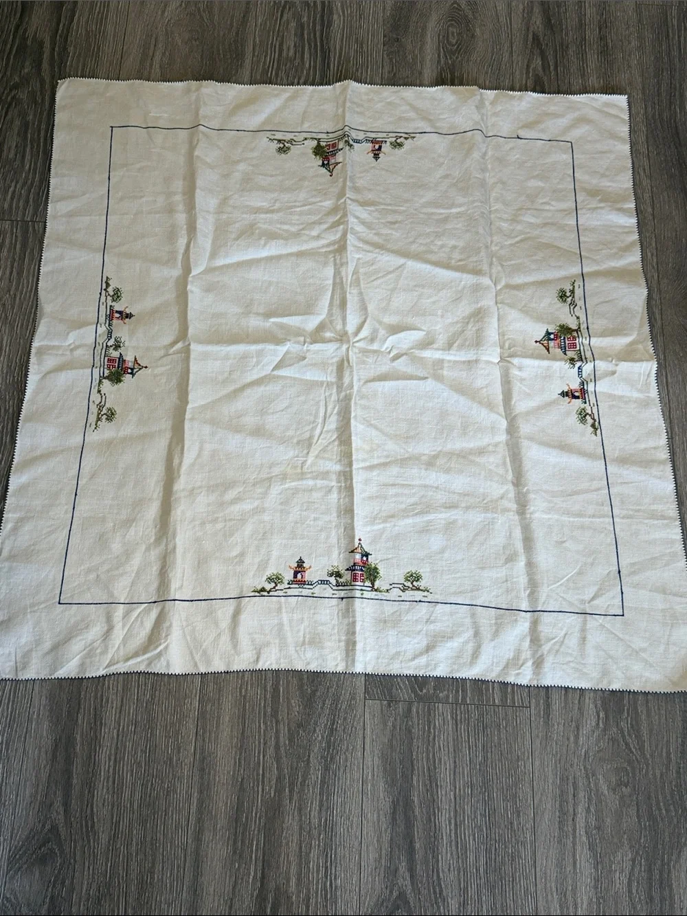Vintage Small Square Linen Blend Asian Theme Table Cloth Cover